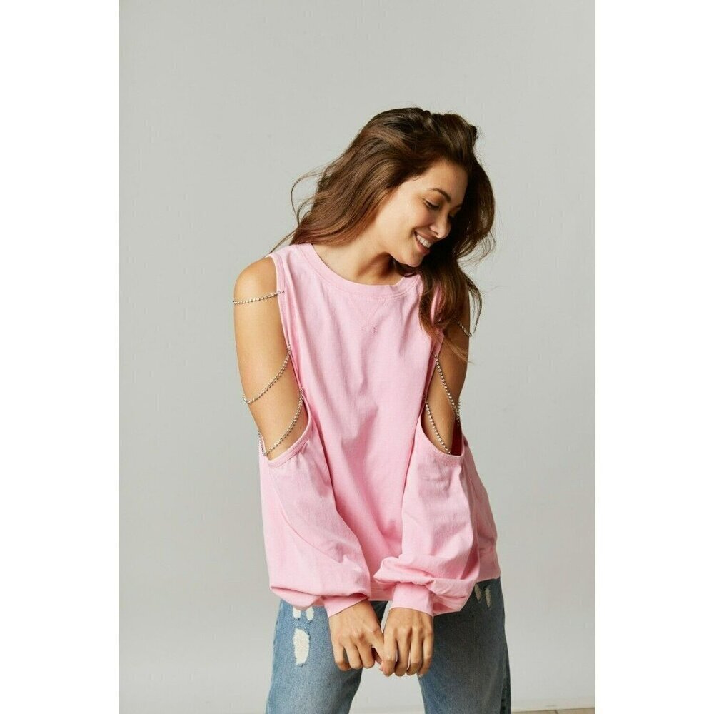Fantastic Fawn Made the Cut Jewel Chain Cold Shoulder Sweatshirt in Pink